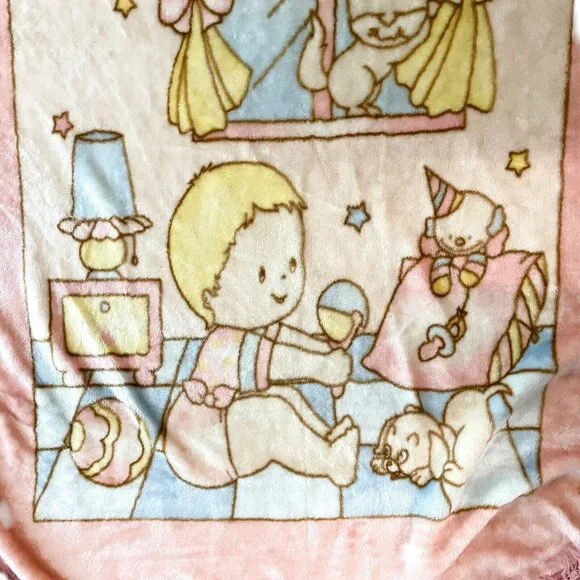 VTG Novatex? Plush Baby Crib Blanket Beige Pastel Pink Crochet Trim Fringe 60x42